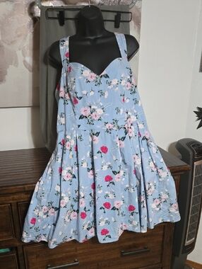 Hell Bunny Blue Floral Sundress with Pink Rose Print